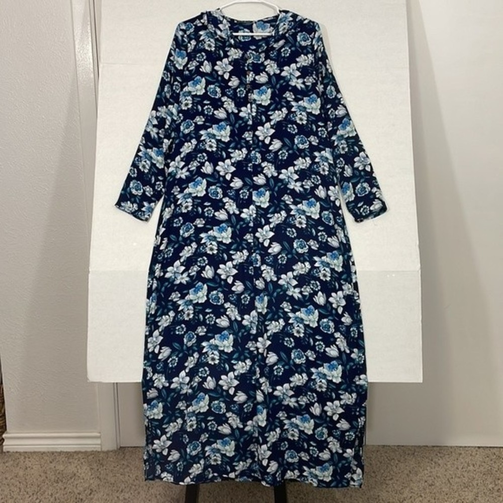 Maxi Swim Cover Up Hoodie, Semi Sheer Maxi Dress, Floral Blue & White, L